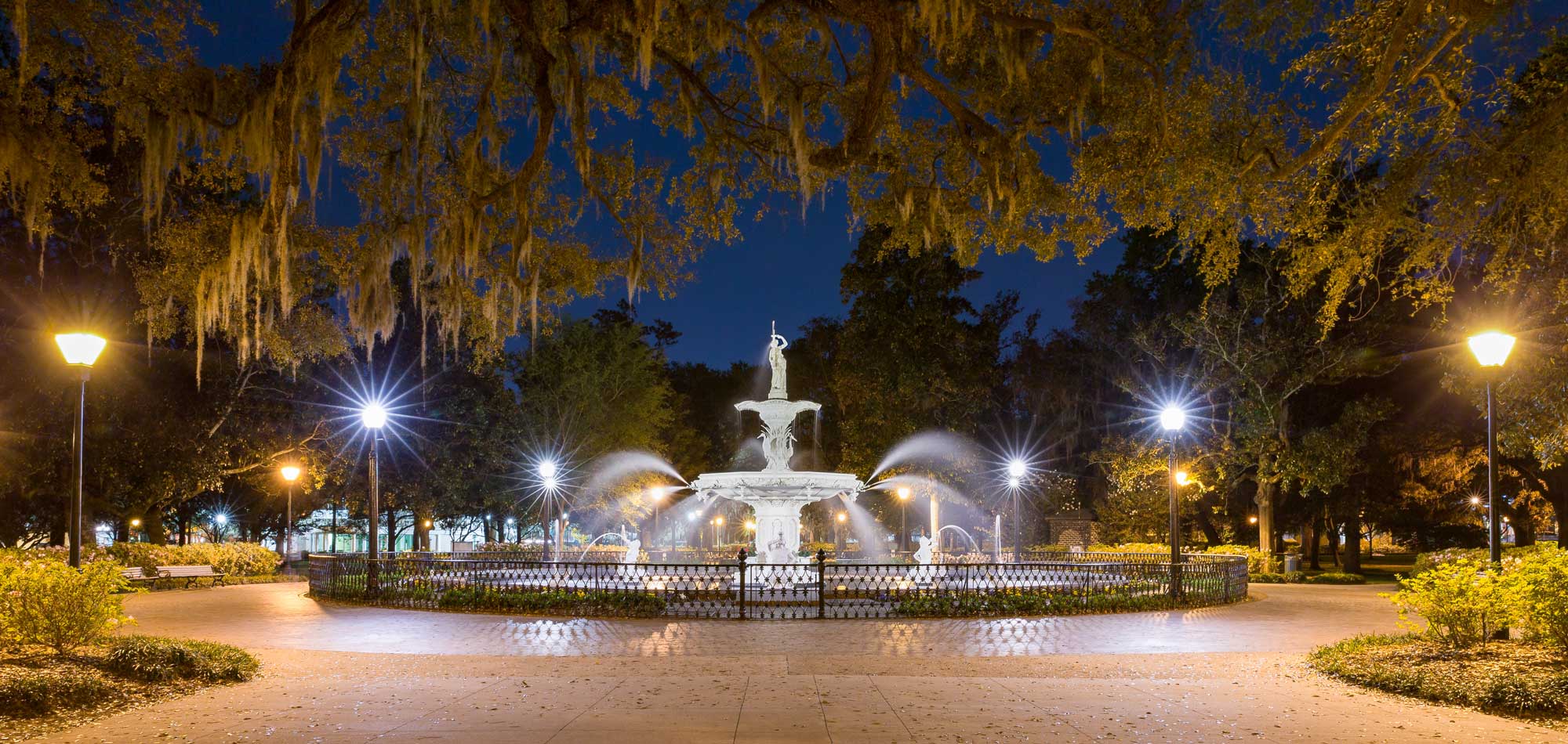 Water fountain at night - Forsyth fountain in historic Savannah, Georgia.